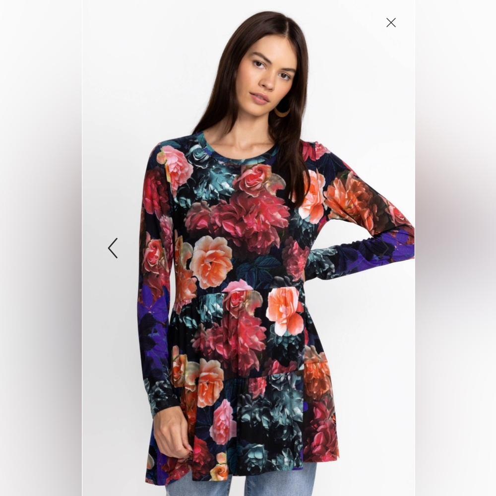 Johnny Was Studio Tiered Tunic Top Floral Long-Sleeve large oversized